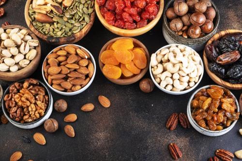 Nuts and dried fruits assortment. Healthy snacks. Dried apricots