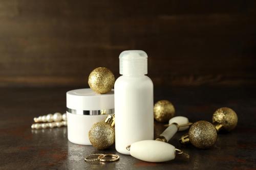 Composition with winter cosmetic products, close up